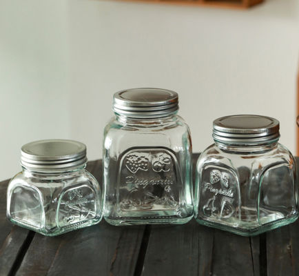 Bulk Empty 8oz 16oz 26oz Carved Logo Square Glass Mason Jar With Gold Screw Lid